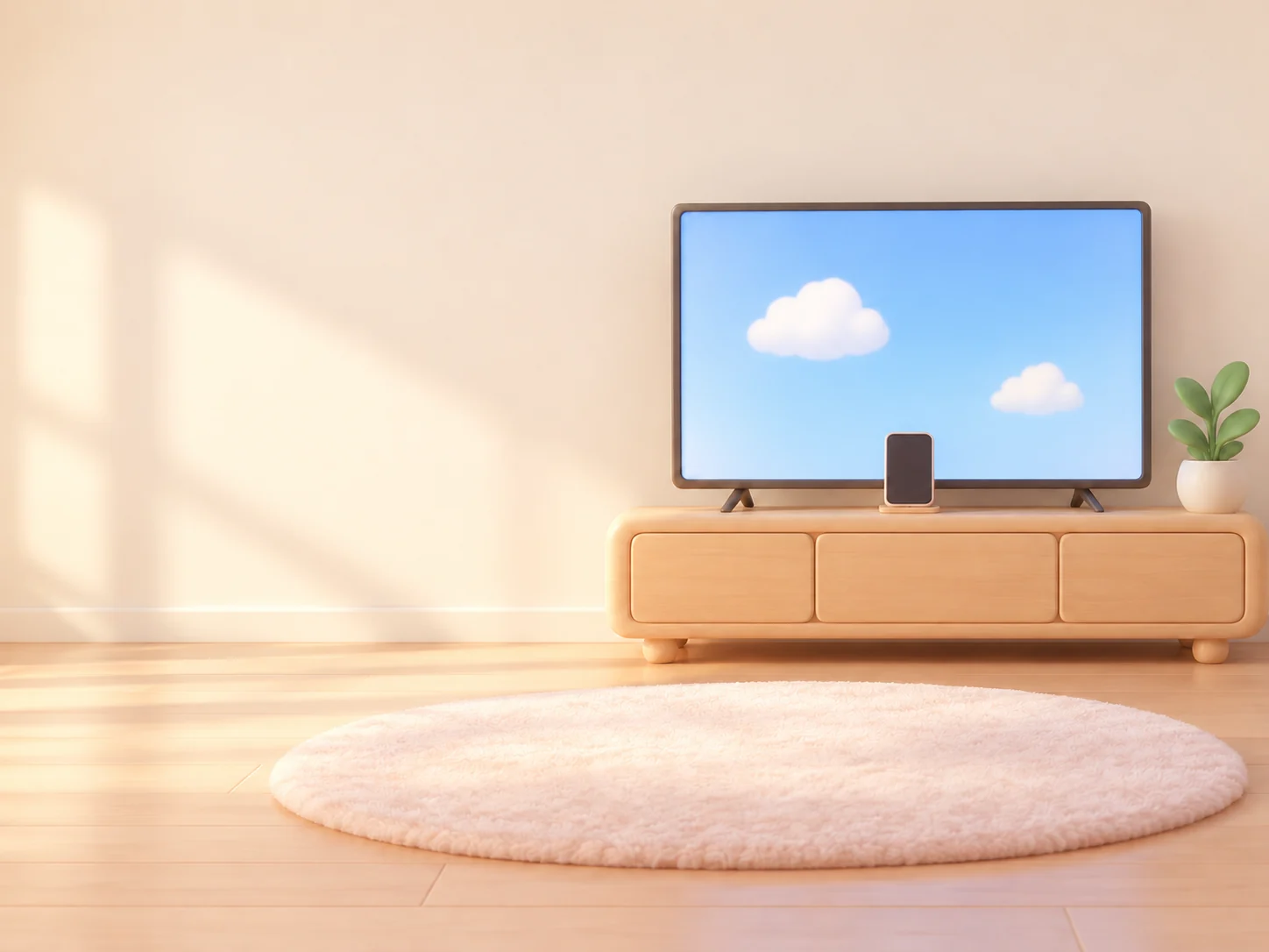 A living room with a TV on a low cabinet and an iPhone standing under it.